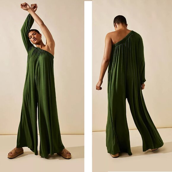 Free People FP Beach Sunday Stroll Jumper Size M Green One Shoulder Wide Leg - Picture 1 of 10